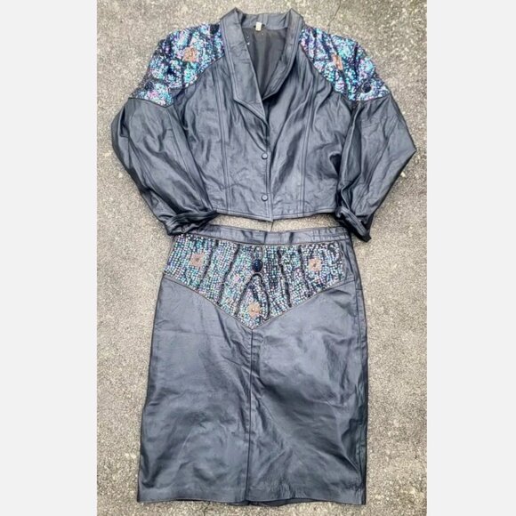 Vintage Real Leather Sequin Beaded Jacket Skirt Set Women XL Biker Western Disco - Picture 1 of 16